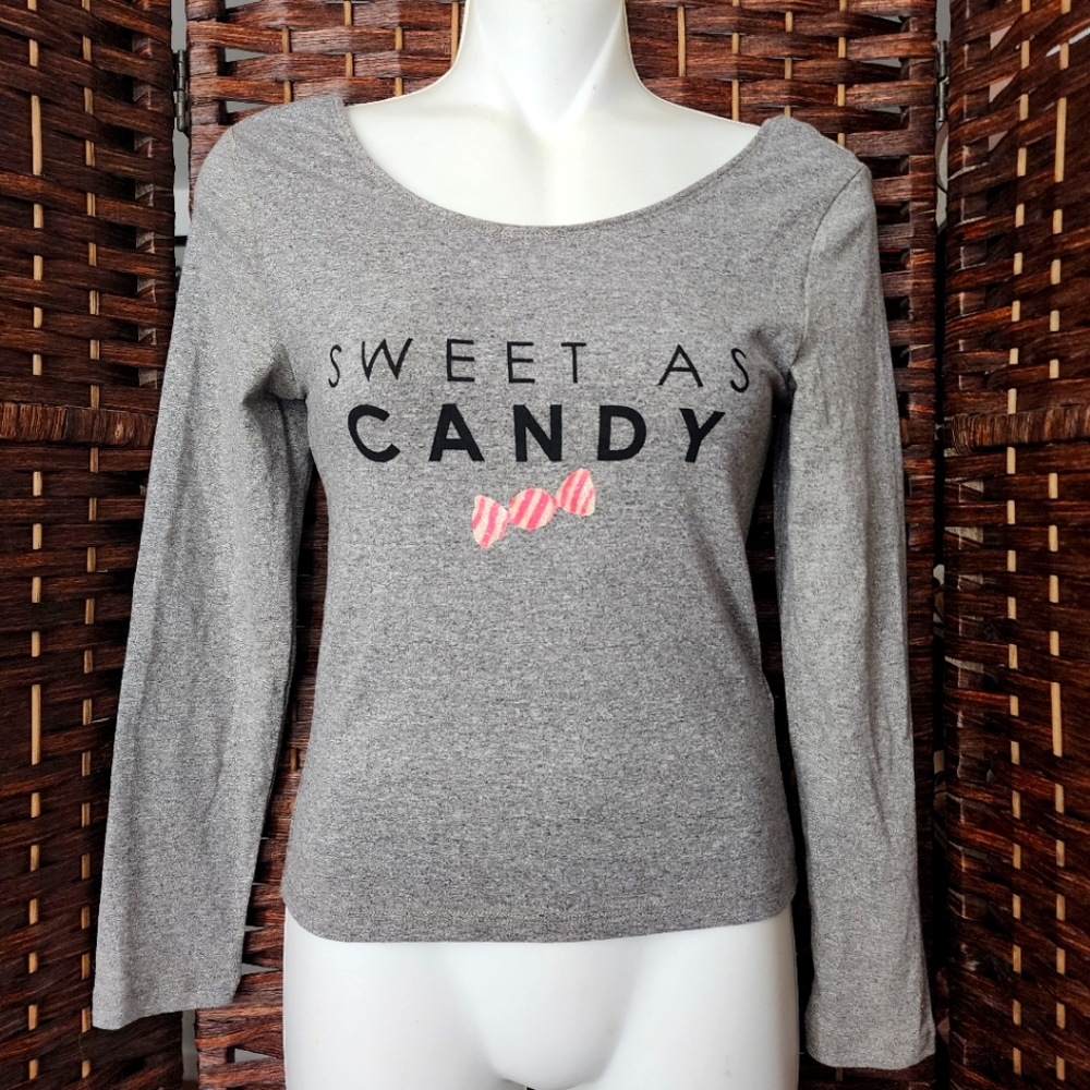 New HM Gray Long Sleeve Top with Sweet As Candy Print